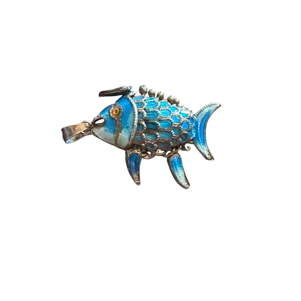 Vintage Cloisonné Blue and White Articulated Fish Charm
